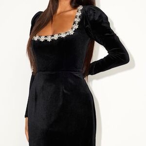 Lulus Ioanna Black Velvet Rhinestone Long Sleeve Mini Dress - Size XS NWT